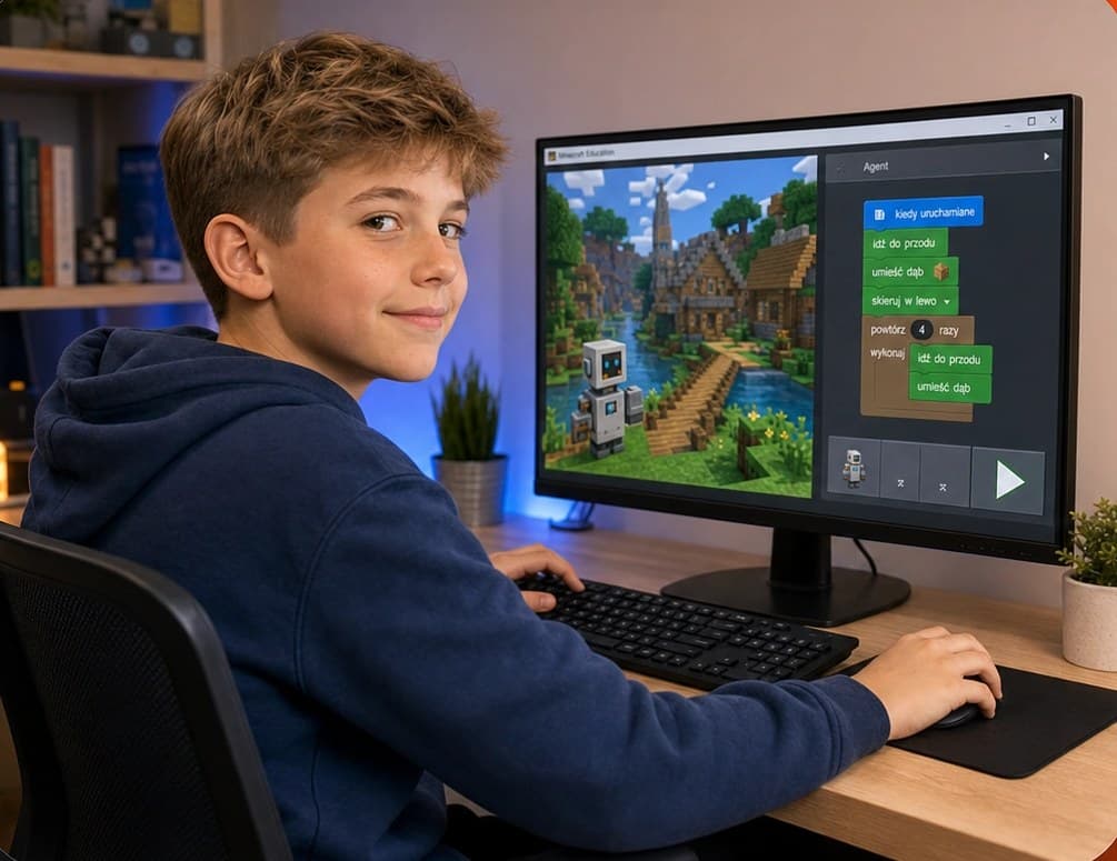 A smiling boy at a laptop after a successful programming course class